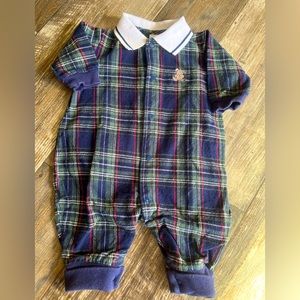 Vintage 90s Baby Navy plaid flannel one piece bodysuit w/ collar by Little Me